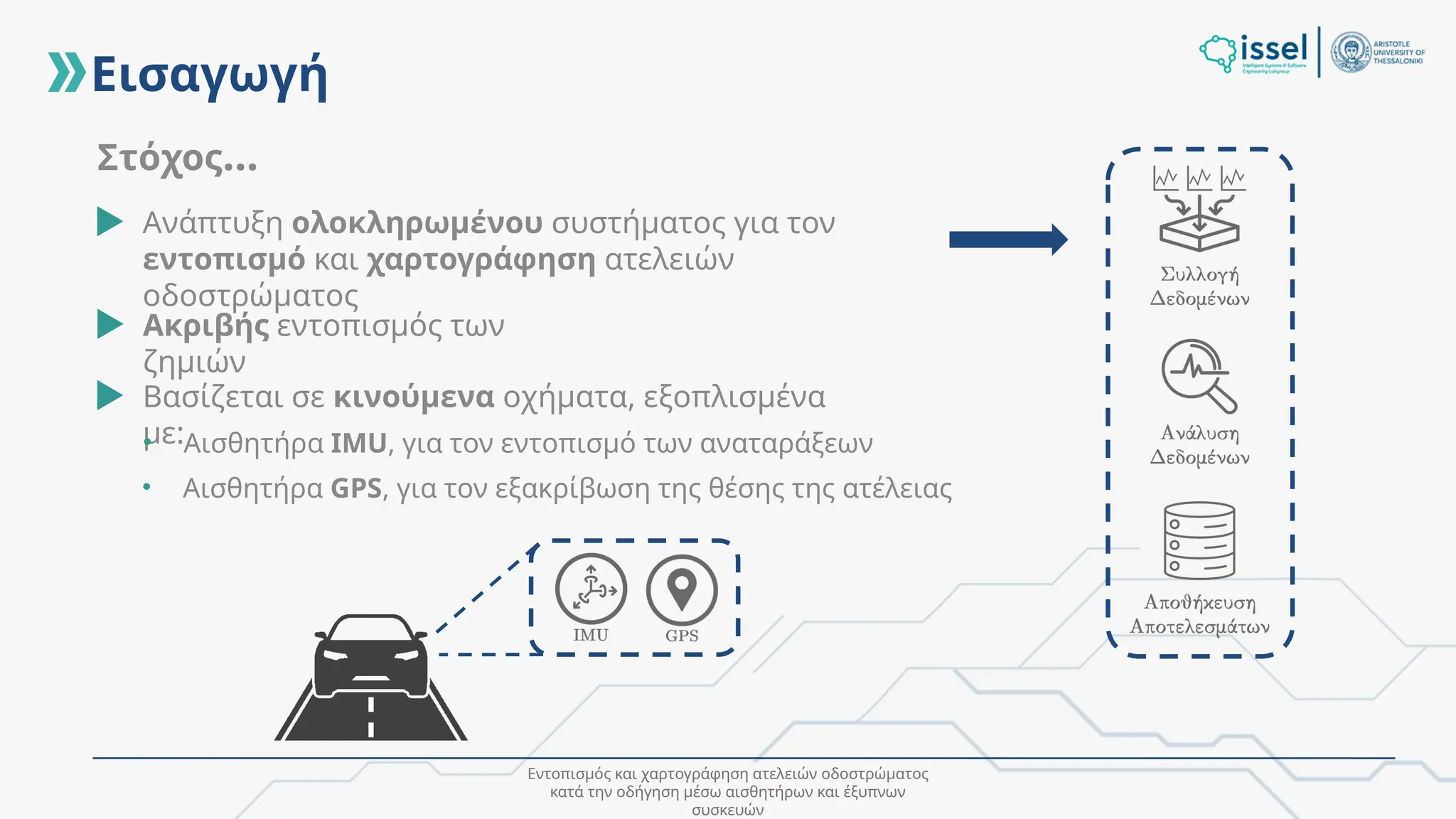 Εντοπισμός και χαρτογράφηση ατελειών οδοστρώματος
κατά την οδήγηση μέσω αισθητήρων και έξυπνων
συσκευών
Εισαγωγή
Στόχος...
Ανάπτυξη ολοκληρωμένου συστήματος για τον
εντοπισμό και χαρτογράφηση ατελειών
οδοστρώματος
Βασίζεται σε κινούμενα οχήματα, εξοπλισμένα
με:
• Αισθητήρα IMU, για τον εντοπισμό των αναταράξεων
• Αισθητήρα GPS, για τον εξακρίβωση της θέσης της ατέλειας
Ακριβής εντοπισμός των
ζημιών
 