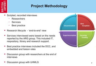 7
Project Methodology
 Scripted, recorded interviews
• Researchers
• Services
• Best practice
 Research lifecycle - ‘end-to-end’ view
 Services interviewed were based on the needs
reported by the ARG group. This included IT,
respository, library and research support.
 Best practice interviews included the DCC, and
embedded and liaison roles
 Discussion group with researchers at the end of
interviews
 Discussion group with UHMLG
 