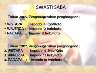 Tahun 2005, Penganugerahan penghargaan :  WISTARA  :  kepada  4 Kab/Kota  WIWERDA :  kepada 10 kab/kota PADAPA  :  kepada 6 kab/kota  SWASTI SABA Tahun 2007, Penganugerahan penghargaan :  WISTARA  :  kepada  6  Kab/Kota  WIWERDA :  kepada 13 kab/kota PADAPA  :  kepada 18 kab/kota  November 2009 DIT PL DEPKES 