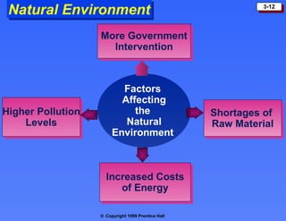 Natural Environment Factors  Affecting the  Natural Environment  More Government Intervention Shortages of  Raw Material Increased Costs of Energy Higher Pollution Levels 