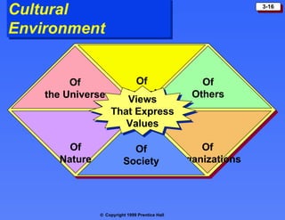 Cultural Environment Of Organizations Of Nature Of Oneself Of Society Of the Universe Of Others Views That Express Values 