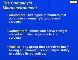 The Company’s  Microenvironment Customers   -   five types of markets that purchase a company’s goods and services. Competitors  - those who serve a target market with similar products and services. Publics  - any group that perceives itself having an interest in a company’s ability to achieve its objectives. 
