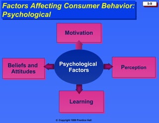 Factors Affecting Consumer Behavior:                         5-9


Psychological

                      Motivation




 Beliefs and     Psychological
                    Factors                     Perception
  Attitudes




                          Learning


               © Copyright 1999 Prentice Hall
 