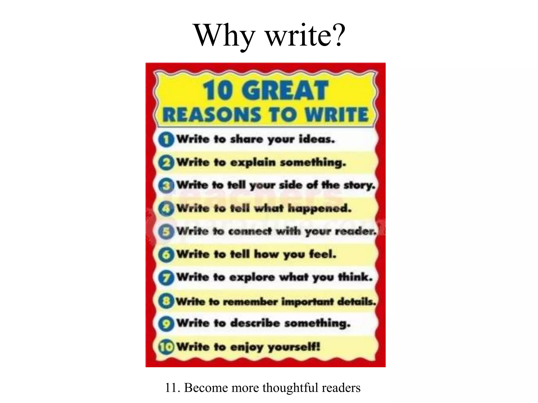 Why write?
11. Become more thoughtful readers
 