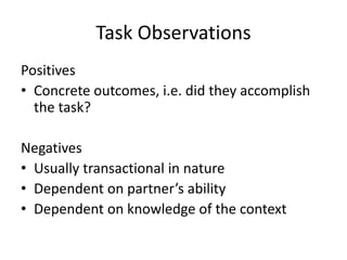 Task Observations 
Positives 
• Concrete outcomes, i.e. did they accomplish 
the task? 
Negatives 
• Usually transactional in nature 
• Dependent on partner’s ability 
• Dependent on knowledge of the context 
 