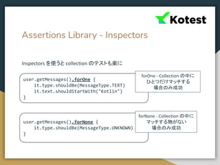 Assertions Library - Inspectors
Inspectors を使うと collection のテストも楽に
user.getMessages().forOne {
it.type.shouldBe(MessageType.TEXT)
it.text.shouldStartWith("Kotlin")
}
user.getMessages().forNone {
it.type.shouldBe(MessageType.UNKNOWN)
}
forOne - Collection の中に
ひとつだけマッチする
場合のみ成功
forNone - Collection の中に
マッチする物がない
場合のみ成功
 