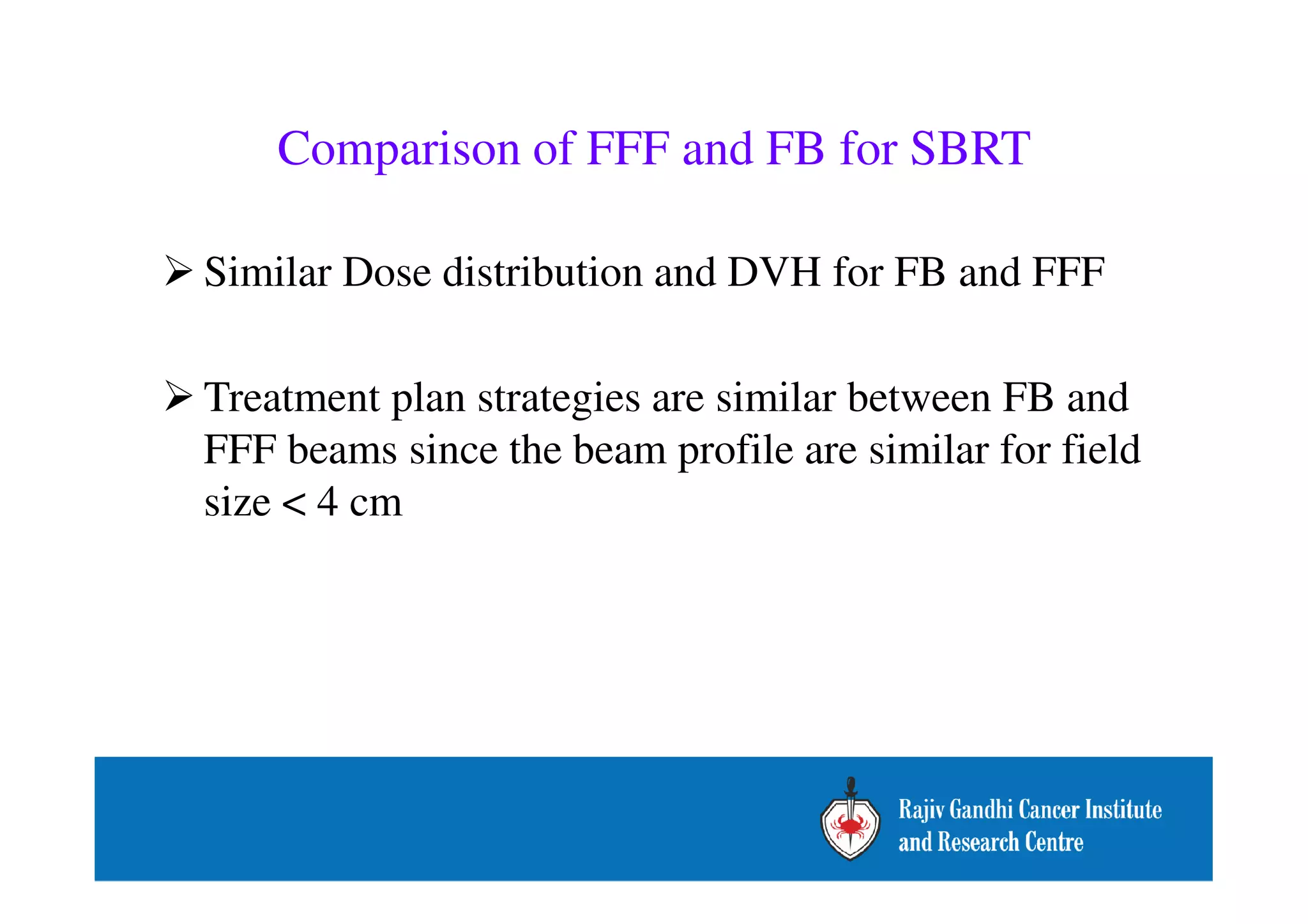 Comparison of FFF and FB for SBRT 
Similar Dose distribution and DVH for FB and FFF 
Treatment plan strategies are similar between FB and 
FFF beams since the beam profile are similar for field 
size  4 cm 
 