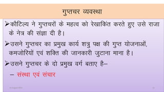 xqIrpj O;oLFkk
dkSfVY; us xqIrpjksa ds egRo dks js[kkfdar djrs gq, mls jktk
ds us= dh laKk nh gSA
mlus xqIrpj dk izeq[k dk;Z “k=q i{k dh xqIr ;kstukvksa]
detksfj;ksaa ,oa “kfDr dh tkudkjh tqVkuk ekuk gSA
mlus xqIrpj ds nks izeq[k oxZ crk, gS&
& laLFkk ,oa lapkj
14 August 2015 21
 