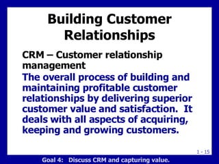 Building Customer Relationships <ul><li>CRM – Customer relationship  management  </li></ul><ul><li>The overall process of ...