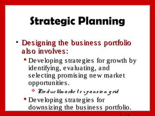 Strategic Planning
• Designing the business portfolioDesigning the business portfolio
also involves:also involves:
 Developing strategies for growth byDeveloping strategies for growth by
identifying, evaluating, andidentifying, evaluating, and
selecting promising new marketselecting promising new market
opportunities.opportunities.
 Pro duct/m arke t e xpansio n g ridPro duct/m arke t e xpansio n g rid
 Developing strategies forDeveloping strategies for
downsizing the business portfolio.downsizing the business portfolio.
 
