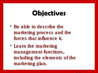 Objectives
• Be able to describe theBe able to describe the
marketing process and themarketing process and the
forces that influence it.forces that influence it.
• Learn the marketingLearn the marketing
management functions,management functions,
including the elements of theincluding the elements of the
marketing plan.marketing plan.
 