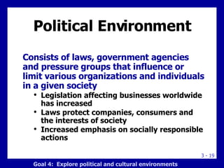 Political Environment Consists of laws, government agencies and pressure groups that influence or limit various organizations and individuals in a given society Legislation affecting businesses worldwide has increased Laws protect companies, consumers and the interests of society Increased emphasis on socially responsible actions Goal 4:  Explore political and cultural environments 