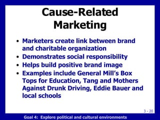 Cause-Related Marketing Marketers create link between brand and charitable organization Demonstrates social responsibility Helps build positive brand image Examples include General Mill’s Box Tops for Education, Tang and Mothers Against Drunk Driving, Eddie Bauer and local schools Goal 4:  Explore political and cultural environments 