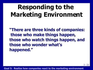 Responding to the  Marketing Environment “There are three kinds of companies:  those who make things happen, those who watch things happen, and those who wonder what’s happened.” Goal 5:  Realize how companies react to the marketing environment 