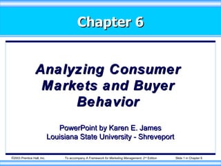 To accompany A Framework for Marketing Management, 2nd
Edition Slide 1 in Chapter 6
©2003 Prentice Hall, Inc.
Chapter 6
Chapter 6
Analyzing Consumer
Analyzing Consumer
Markets and Buyer
Markets and Buyer
Behavior
Behavior
PowerPoint by Karen E. James
PowerPoint by Karen E. James
Louisiana State University - Shreveport
Louisiana State University - Shreveport
 