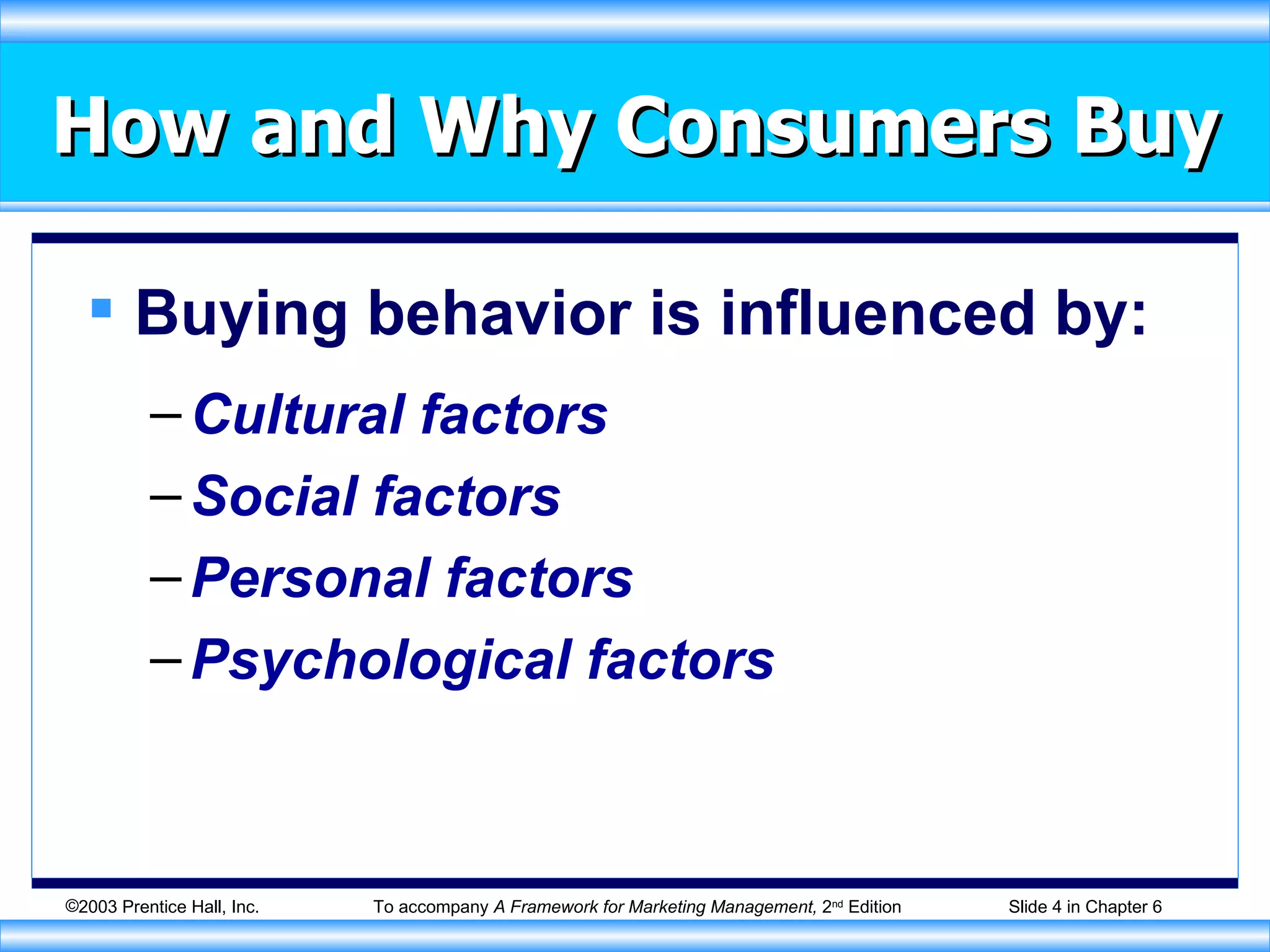 How and Why Consumers Buy Buying behavior is influenced by: Cultural factors Social factors Personal factors Psychological factors 