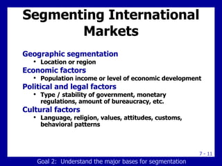 Segmenting International Markets <ul><li>Geographic segmentation </li></ul><ul><ul><li>Location or region </li></ul></ul><...