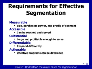 Requirements for Effective Segmentation <ul><li>Measurable </li></ul><ul><ul><li>Size, purchasing power, and profile of se...