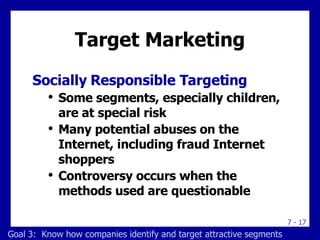 Target Marketing <ul><li>Socially Responsible Targeting  </li></ul><ul><ul><li>Some segments, especially children, are at ...