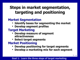 Steps in market segmentation, targeting and positioning <ul><li>Market Segmentation </li></ul><ul><ul><li>Identify bases f...