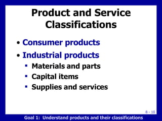 Product and Service Classifications <ul><li>Consumer products </li></ul><ul><li>Industrial products </li></ul><ul><ul><li>...