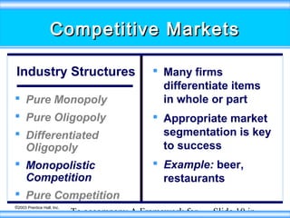 Competitive Markets
Industry Structures
 Pure Monopoly
 Pure Oligopoly
 Differentiated
Oligopoly
 Monopolistic
Competition
 Pure Competition
©2003 Prentice Hall, Inc.

 Many firms
differentiate items
in whole or part
 Appropriate market
segmentation is key
to success
 Example: beer,
restaurants

To accompany A Framework for

Slide 10 in

 