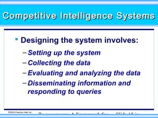 Competitive Intelligence Systems
 Designing the system involves:
– Setting up the system
– Collecting the data
– Evaluating and analyzing the data
– Disseminating information and
responding to queries
©2003 Prentice Hall, Inc.

To accompany A Framework for

Slide 15 in

 