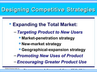 Designing Competitive Strategies
 Expanding the Total Market:
– Targeting Product to New Users
Market-penetration

strategy
New-market strategy
Geographical-expansion strategy

– Promoting New Uses of Product
– Encouraging Greater Product Use
©2003 Prentice Hall, Inc.

To accompany A Framework for

Slide 18 in

 