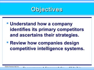 Objectives
 Understand how a company
identifies its primary competitors
and ascertains their strategies.
 Review how companies design
competitive intelligence systems.

©2003 Prentice Hall, Inc.

To accompany A Framework for

Slide 2 in

 
