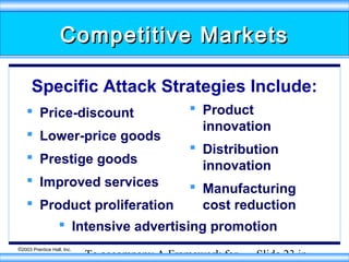 Competitive Markets
Specific Attack Strategies Include:
 Price-discount
 Lower-price goods
 Prestige goods
 Improved services

 Product
innovation
 Distribution
innovation
 Manufacturing
cost reduction

 Product proliferation
 Intensive advertising promotion
©2003 Prentice Hall, Inc.

To accompany A Framework for

Slide 23 in

 