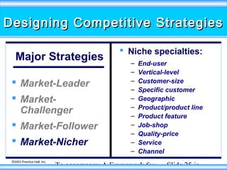 Designing Competitive Strategies
Major Strategies
 Market-Leader
 MarketChallenger
 Market-Follower
 Market-Nicher
©2003 Prentice Hall, Inc.

 Niche specialties:
–
–
–
–
–
–
–
–
–
–
–

End-user
Vertical-level
Customer-size
Specific customer
Geographic
Product/product line
Product feature
Job-shop
Quality-price
Service
Channel

To accompany A Framework for

Slide 25 in

 