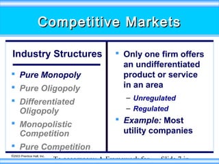 Competitive Markets
Industry Structures
 Pure Monopoly
 Pure Oligopoly
 Differentiated
Oligopoly
 Monopolistic
Competition
 Pure Competition
©2003 Prentice Hall, Inc.

 Only one firm offers
an undifferentiated
product or service
in an area
– Unregulated
– Regulated

 Example: Most
utility companies

To accompany A Framework for

Slide 7 in

 