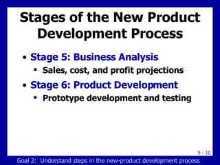 Stages of the New Product Development Process Stage 5: Business Analysis Sales, cost, and profit projections Stage 6: Product Development Prototype development and testing Goal 2:  Understand steps in the new-product development process 