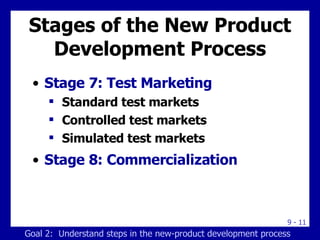 Stages of the New Product Development Process Stage 7: Test Marketing Standard test markets Controlled test markets Simulated test markets Stage 8: Commercialization Goal 2:  Understand steps in the new-product development process 