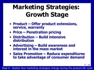 Marketing Strategies:  Growth Stage Product – Offer product extensions, service, warranty Price – Penetration pricing Distribution – Build intensive distribution Advertising – Build awareness and interest in the mass market Sales Promotion – Reduce expenditures to take advantage of consumer demand Goal 4:  Realize how marketing strategies change during the product life cycle 