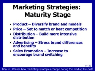 Marketing Strategies:  Maturity Stage Product – Diversify brand and models Price – Set to match or beat competition Distribution – Build more intensive distribution Advertising – Stress brand differences and benefits Sales Promotion – Increase to encourage brand switching Goal 4:  Realize how marketing strategies change during the product life cycle 