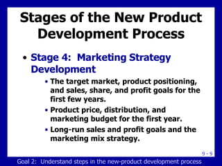 Stages of the New Product Development Process Stage 4:  Marketing Strategy Development The target market, product positioning, and sales, share, and profit goals for the first few years. Product price, distribution, and marketing budget for the first year. Long-run sales and profit goals and the marketing mix strategy. Goal 2:  Understand steps in the new-product development process 