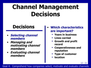 Channel Management Decisions Selecting channel members Managing and motivating channel members Evaluating channel members Which characteristics are important?  Years in business Lines carried Growth and profit record Cooperativeness and reputation Type of customer location Decisions   Goal 4:  Comprehend how companies select, motivate and evaluate channels 