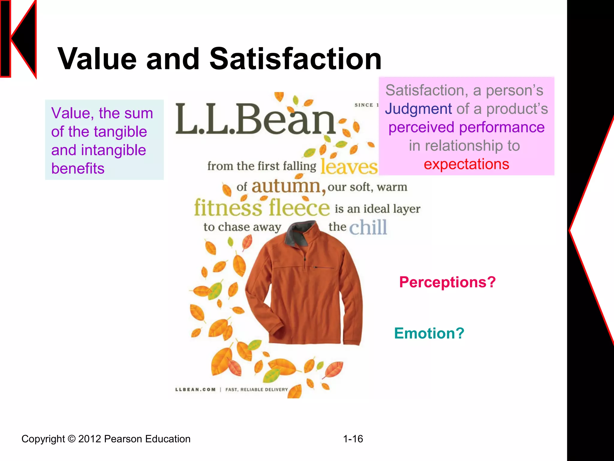 Value and Satisfaction
Copyright © 2012 Pearson Education 1-16
Perceptions?
Emotion?
Value, the sum
of the tangible
and intangible
benefits
Satisfaction, a person’s
Judgment of a product’s
perceived performance
in relationship to
expectations
 