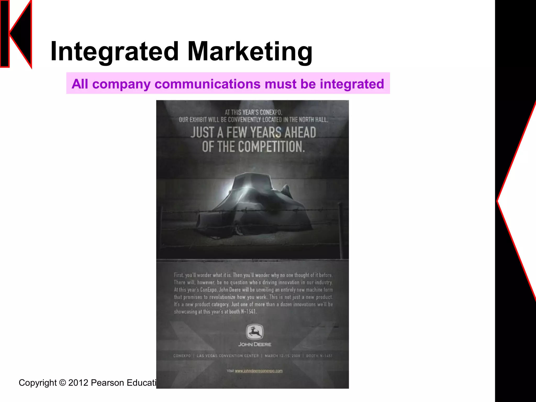 Integrated Marketing
Copyright © 2012 Pearson Education 1-23
All company communications must be integrated
 
