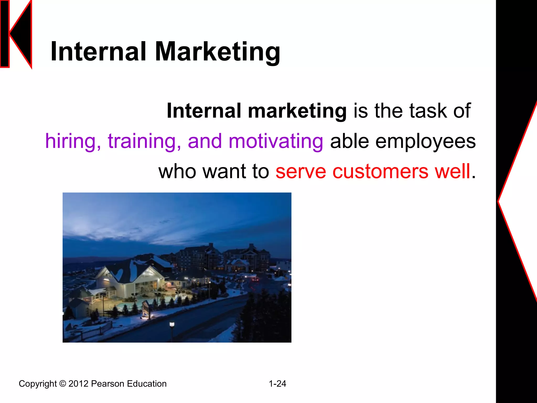 Internal Marketing
Internal marketing is the task of
hiring, training, and motivating able employees
who want to serve customers well.
Copyright © 2012 Pearson Education 1-24
 