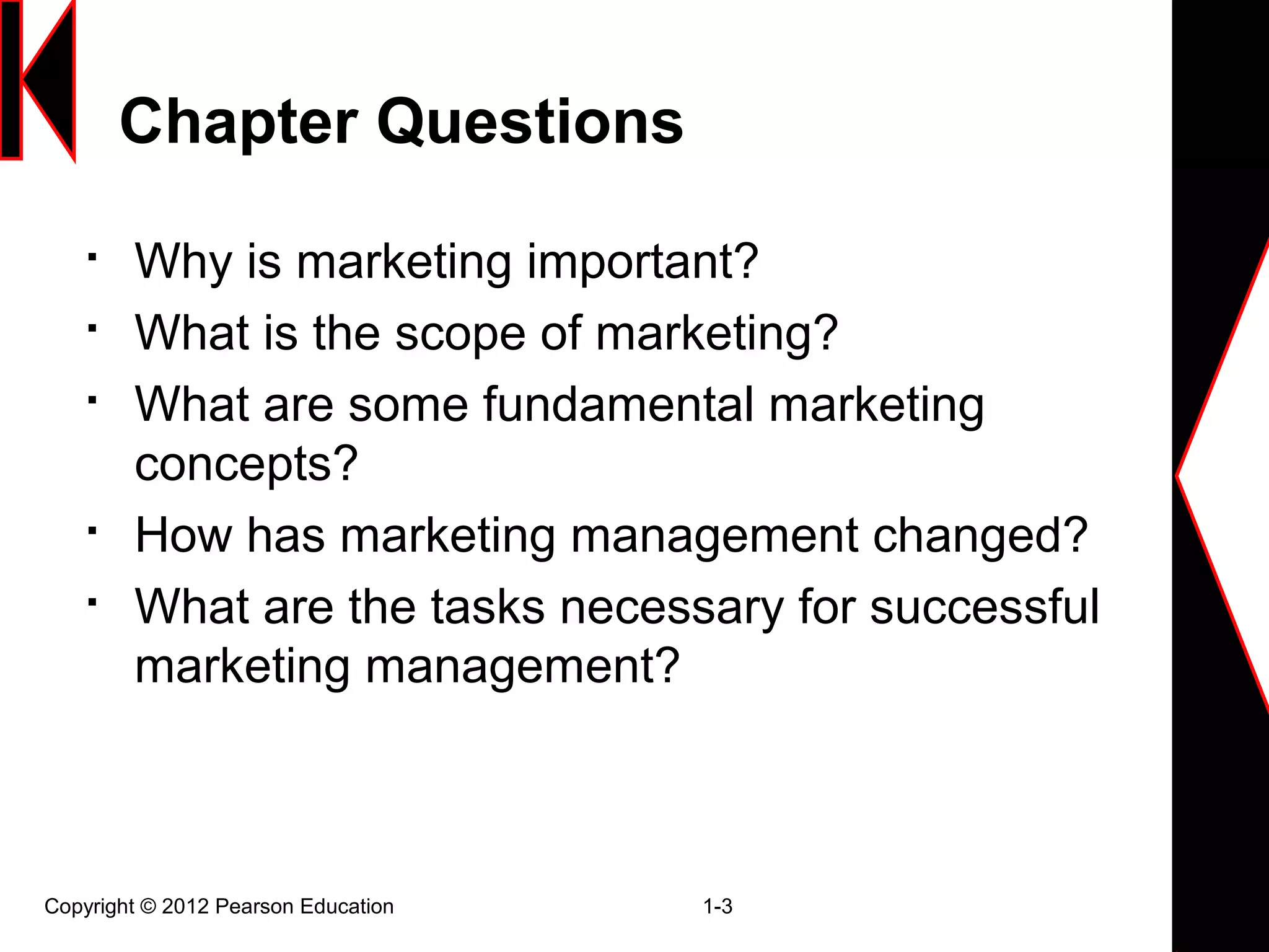 Chapter Questions

Why is marketing important?

What is the scope of marketing?

What are some fundamental marketing
concepts?

How has marketing management changed?

What are the tasks necessary for successful
marketing management?
Copyright © 2012 Pearson Education 1-3
 