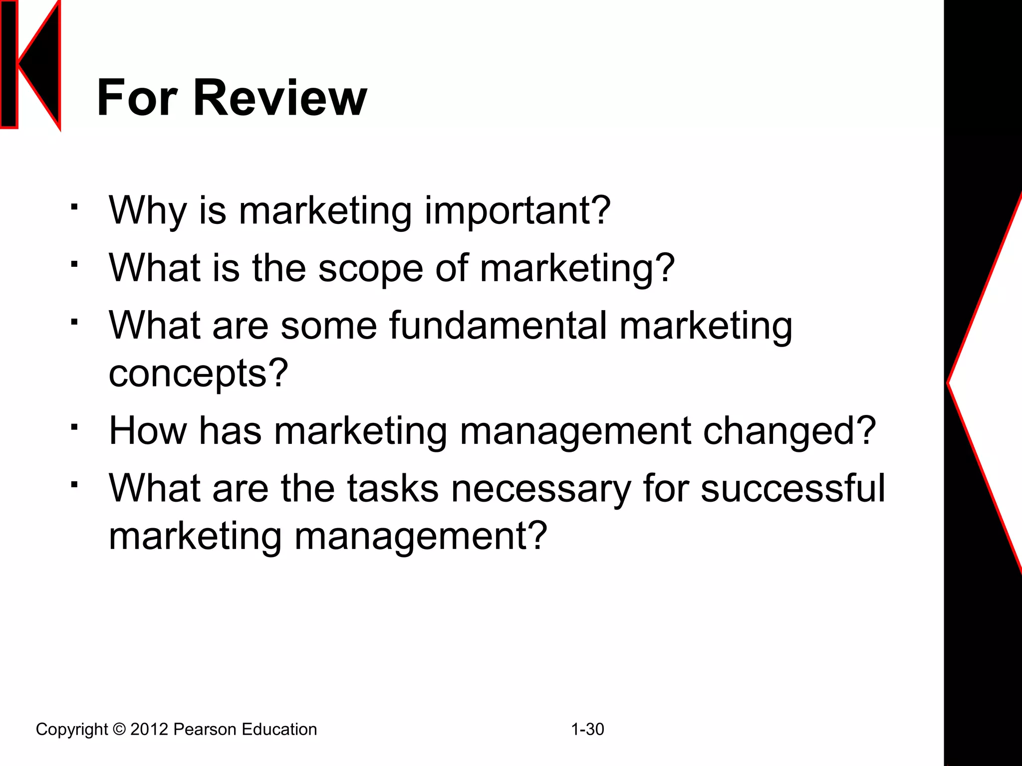 For Review

Why is marketing important?

What is the scope of marketing?

What are some fundamental marketing
concepts?

How has marketing management changed?

What are the tasks necessary for successful
marketing management?
Copyright © 2012 Pearson Education 1-30
 