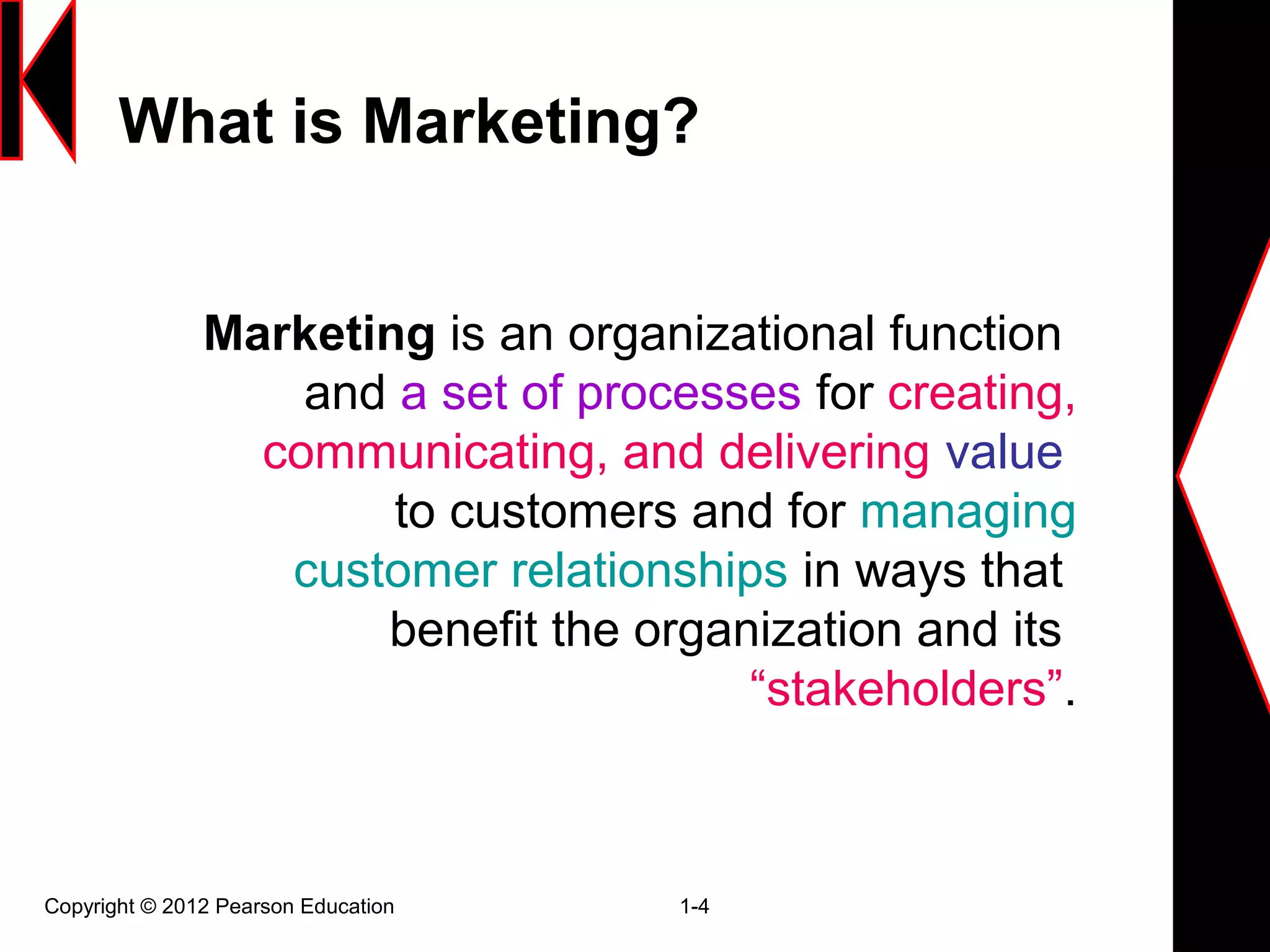 What is Marketing?
Copyright © 2012 Pearson Education 1-4
Marketing is an organizational function
and a set of processes for creating,
communicating, and delivering value
to customers and for managing
customer relationships in ways that
benefit the organization and its
“stakeholders”.
 