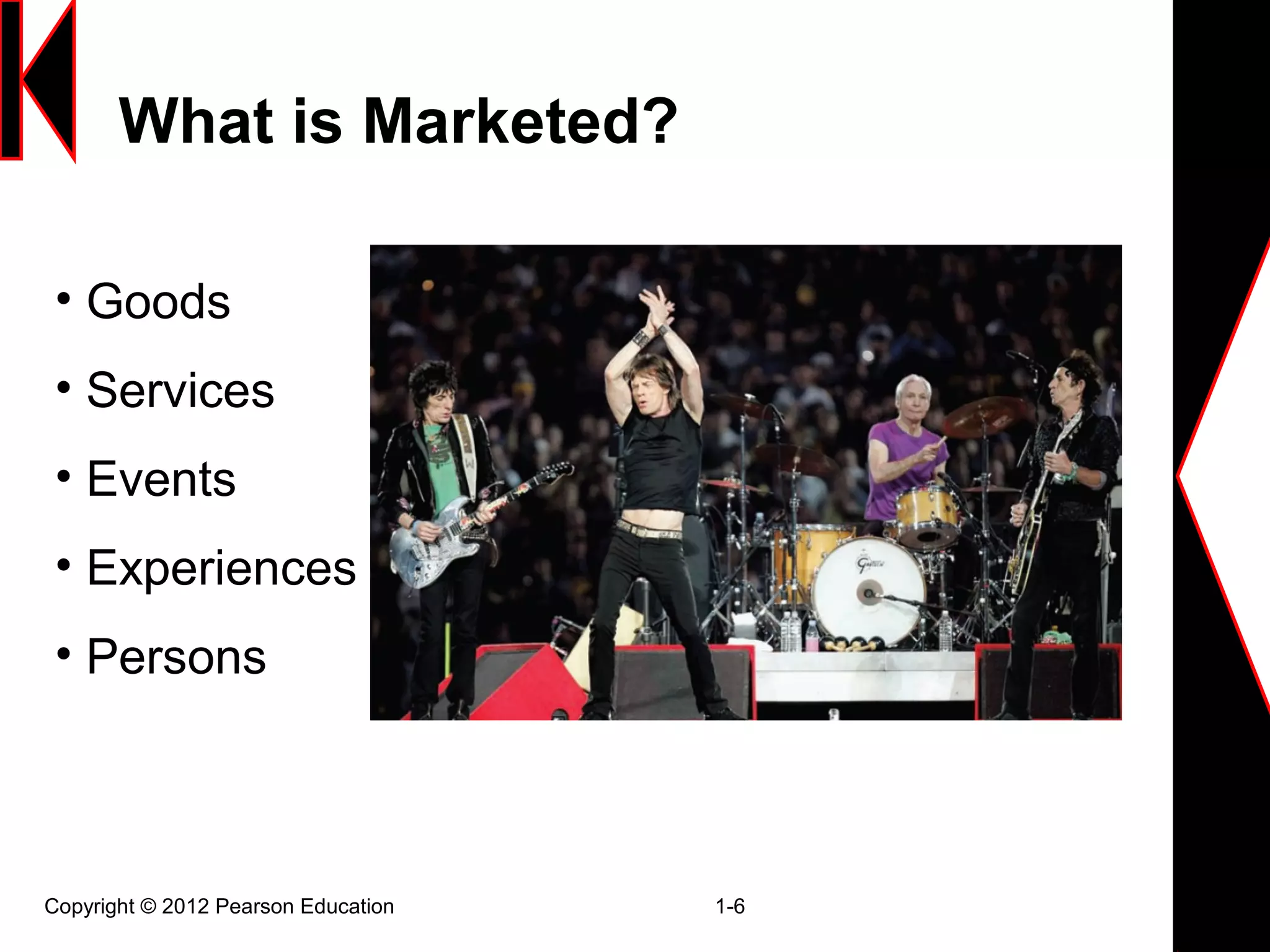 What is Marketed?
Copyright © 2012 Pearson Education 1-6
• Goods
• Services
• Events
• Experiences
• Persons
 