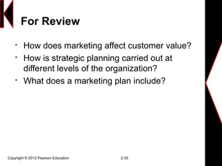 For Review

How does marketing affect customer value?

How is strategic planning carried out at
different levels of the organization?

What does a marketing plan include?
Copyright © 2012 Pearson Education 2-35
 