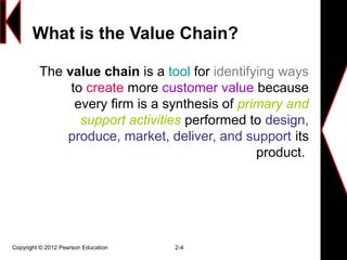 Copyright © 2012 Pearson Education 2-4
What is the Value Chain?
The value chain is a tool for identifying ways
to create more customer value because
every firm is a synthesis of primary and
support activities performed to design,
produce, market, deliver, and support its
product.
 