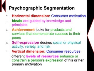 
Horizontal dimension: Consumer motivation
1. Ideals are guided by knowledge and
principles
2. Achievement looks for products and
services that demonstrate success to their
peers
3. Self-expression desires social or physical
activity, variety, and risk

Vertical dimension: Consumer resources
different levels of resources enhance or
constrain a person’s expression of his or her
primary motivation
Psychographic Segmentation
 