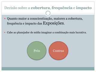 Decisão sobre a cobertura, frequência e impacto

 Quanto maior a conscientização, maiores a cobertura,
  frequência e impacto das Exposições.

 Cabe ao planejador de mídia imaginar a combinação mais lucrativa.




                       Prós            Contras
 