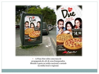   A Pizza Hut cobra uma taxa de
 propaganda de 4% de seus franqueados.
Metade é gasta na mídia nacional e metade
        na mídia local e regional.
 